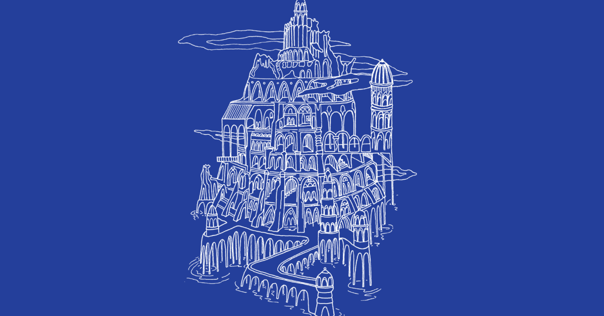 Witte lijntekening van een fantasiekasteel met torens en muren op een egaal blauwe achtergrond Witte lijntekening van een fantasiekasteel met torens en muren op een egaal blauwe achtergrond