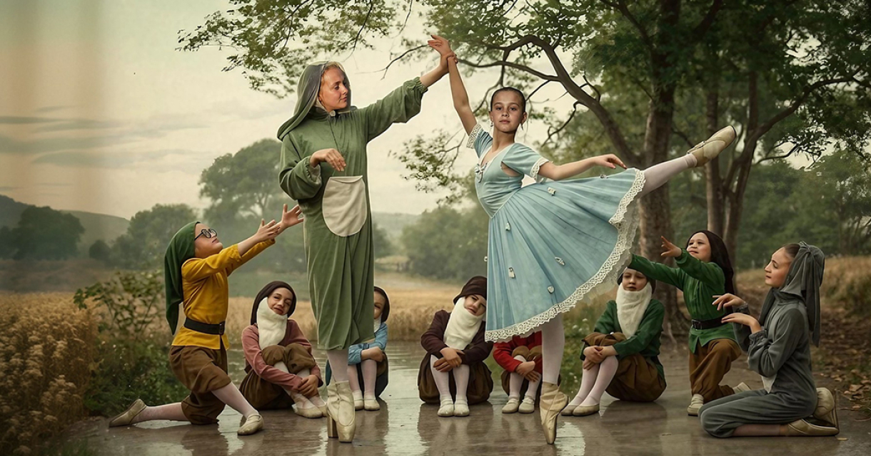 Jonge balletdansers op het podium tijdens een klassieke voorstelling met kleurrijke kostuums