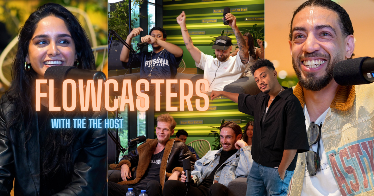 Gastsprekers presenteren hun creatieve project op het podium bij Flowcasters in Amare