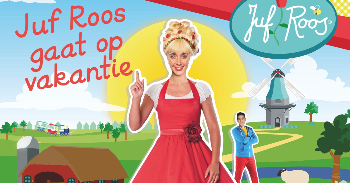 Afbeelding van "Juf Roos gaat op vakantie" met Juf Roos en Gijs in een kleurrijk, zomers landschap met molen en boerderij. Afbeelding van "Juf Roos gaat op vakantie" met Juf Roos en Gijs in een kleurrijk, zomers landschap met molen en boerderij.