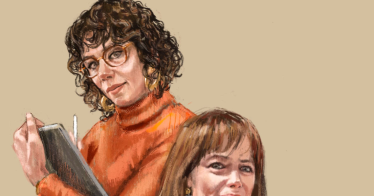 Getekende portretten van twee vrouwen, één met notitieboek en bril, tegen beige achtergrond Getekende portretten van twee vrouwen, één met notitieboek en bril, tegen beige achtergrond