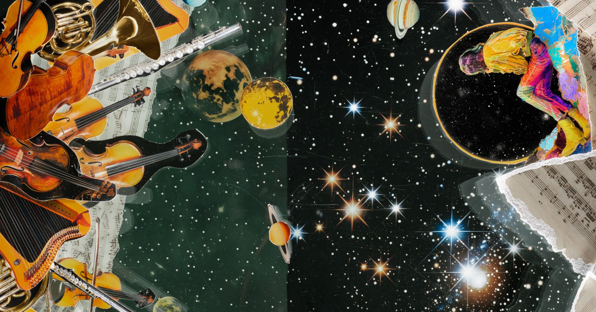 Collage van muzikanten en instrumenten aan de linkerkant tegenover een buitenaardse ruimte vol sterren en planeten aan de rechterkant, met een kleurrijk figuur dat uit een boek lijkt te springen. Collage van muzikanten en instrumenten aan de linkerkant tegenover een buitenaardse ruimte vol sterren en planeten aan de rechterkant, met een kleurrijk figuur dat uit een boek lijkt te springen.