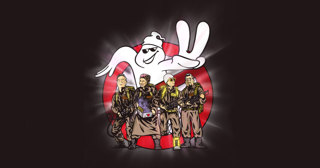 Illustratie van de Ghostbusters voor het iconische rode logo met wit spook dat twee vingers opsteekt. Illustratie van de Ghostbusters voor het iconische rode logo met wit spook dat twee vingers opsteekt.