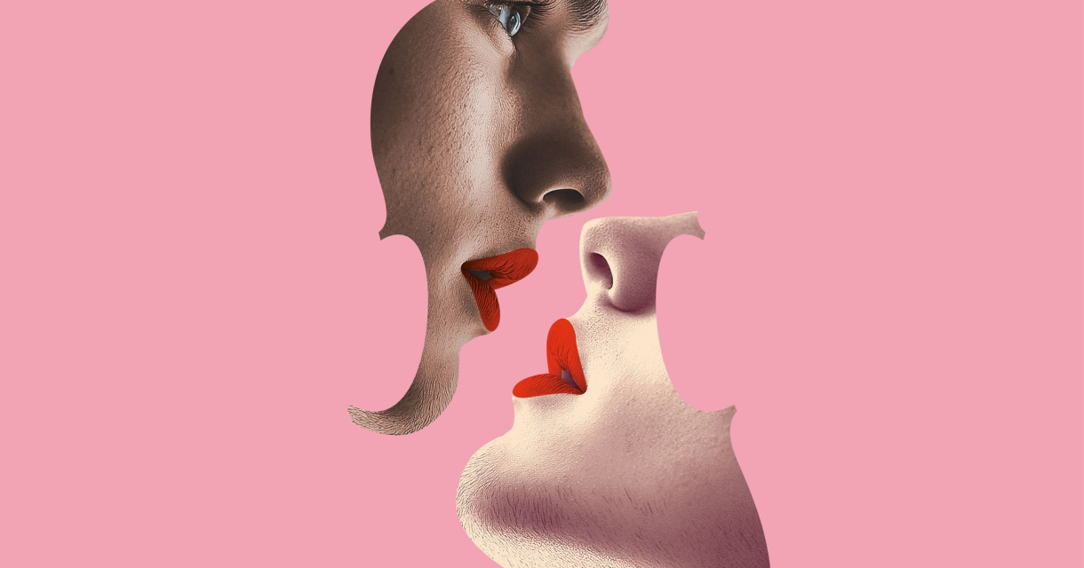 Twee gezichten met rode lippen vormen elkaars silhouet in roze achtergrond, in grafisch en surrealistisch ontwerp. Twee gezichten met rode lippen vormen elkaars silhouet in roze achtergrond, in grafisch en surrealistisch ontwerp.