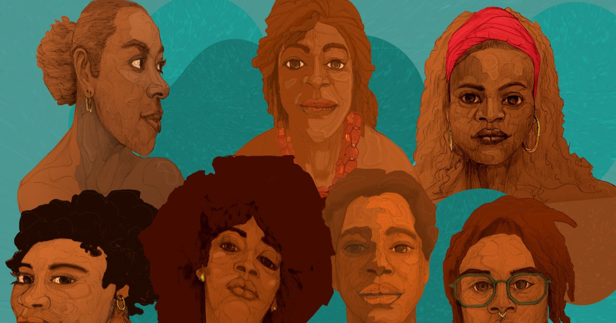 Illustratie van zeven vrouwen met diverse kapsels Illustratie van zeven vrouwen met diverse kapsels