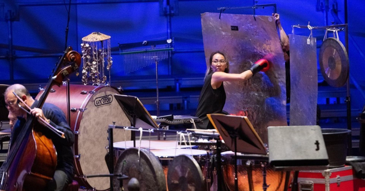 Slagwerker slaat op grote gong tijdens live optreden, contrabassist speelt op de achtergrond Slagwerker slaat op grote gong tijdens live optreden, contrabassist speelt op de achtergrond