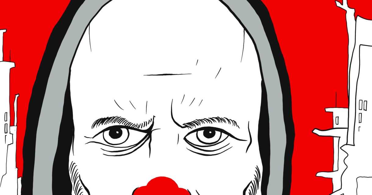 Illustratie van streng kijkende clown met rode neus Illustratie van streng kijkende clown met rode neus