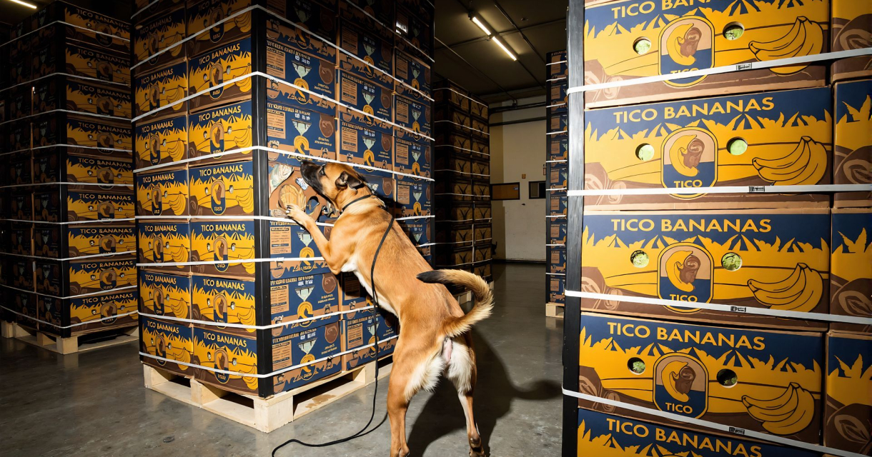 Speurhond snuffelt aan stapels bananendozen in een opslagruimte, op zoek naar verboden goederen. Speurhond snuffelt aan stapels bananendozen in een opslagruimte, op zoek naar verboden goederen.
