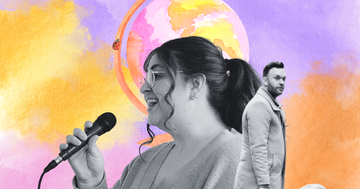 Collage van een zingende vrouw met een microfoon en een man met een koffer voor een kleurrijke achtergrond met een wereldbol. Collage van een zingende vrouw met een microfoon en een man met een koffer voor een kleurrijke achtergrond met een wereldbol.
