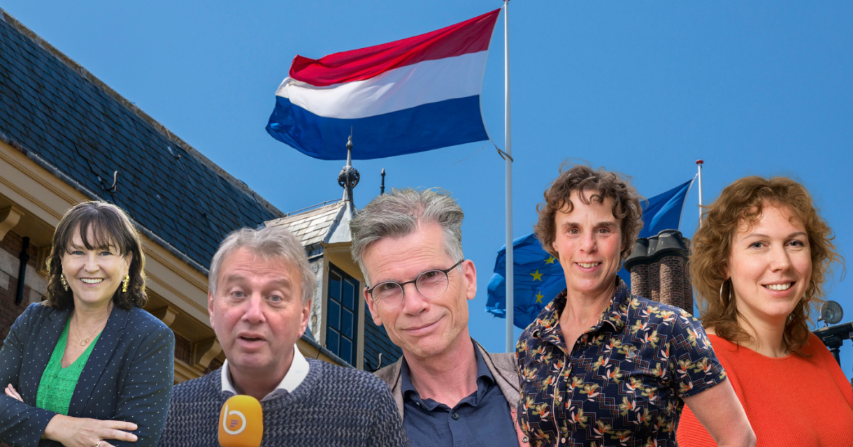 Sprekers voor Europese debatavond met vlaggen op achtergrond bij Nieuwspoort Den Haag Sprekers voor Europese debatavond met vlaggen op achtergrond bij Nieuwspoort Den Haag