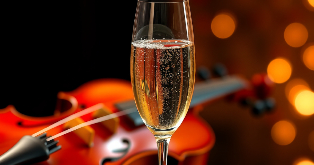 Een glas champagne staat op de voorgrond met op de achtergrond een viool en warme, feestelijke lichtjes. Een glas champagne staat op de voorgrond met op de achtergrond een viool en warme, feestelijke lichtjes.