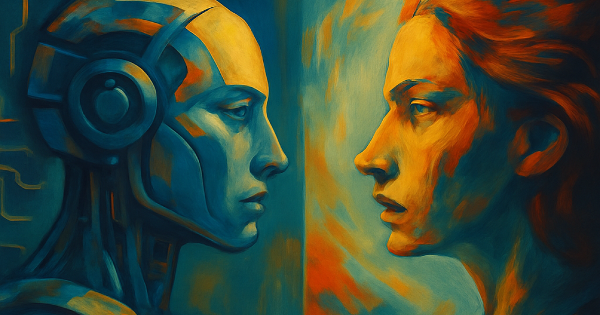 Schilderachtige compositie van een robot en een vrouw die elkaar recht aankijken, met contrasterende kleuren en stijlen