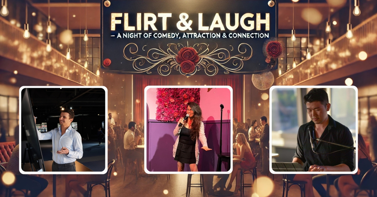 Een sfeervolle evenementenruimte met warme verlichting en een groot bord met de tekst "Flirt & Laugh". Op de voorgrond drie ingevoegde foto's: een man die iets uitlegt op een scherm, een vrouw met microfoon op een comedy-podium en een pianist die optreedt. Een sfeervolle evenementenruimte met warme verlichting en een groot bord met de tekst "Flirt & Laugh". Op de voorgrond drie ingevoegde foto's: een man die iets uitlegt op een scherm, een vrouw met microfoon op een comedy-podium en een pianist die optreedt.