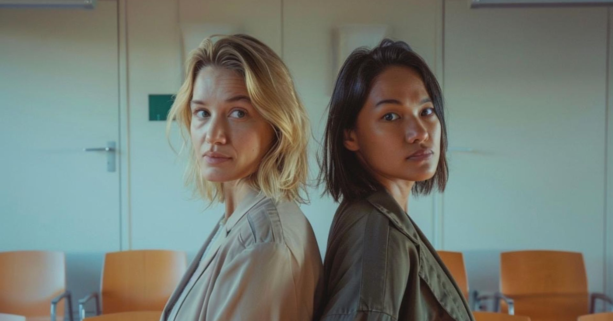 Twee dames staan met ruggen tegen elkaar aan