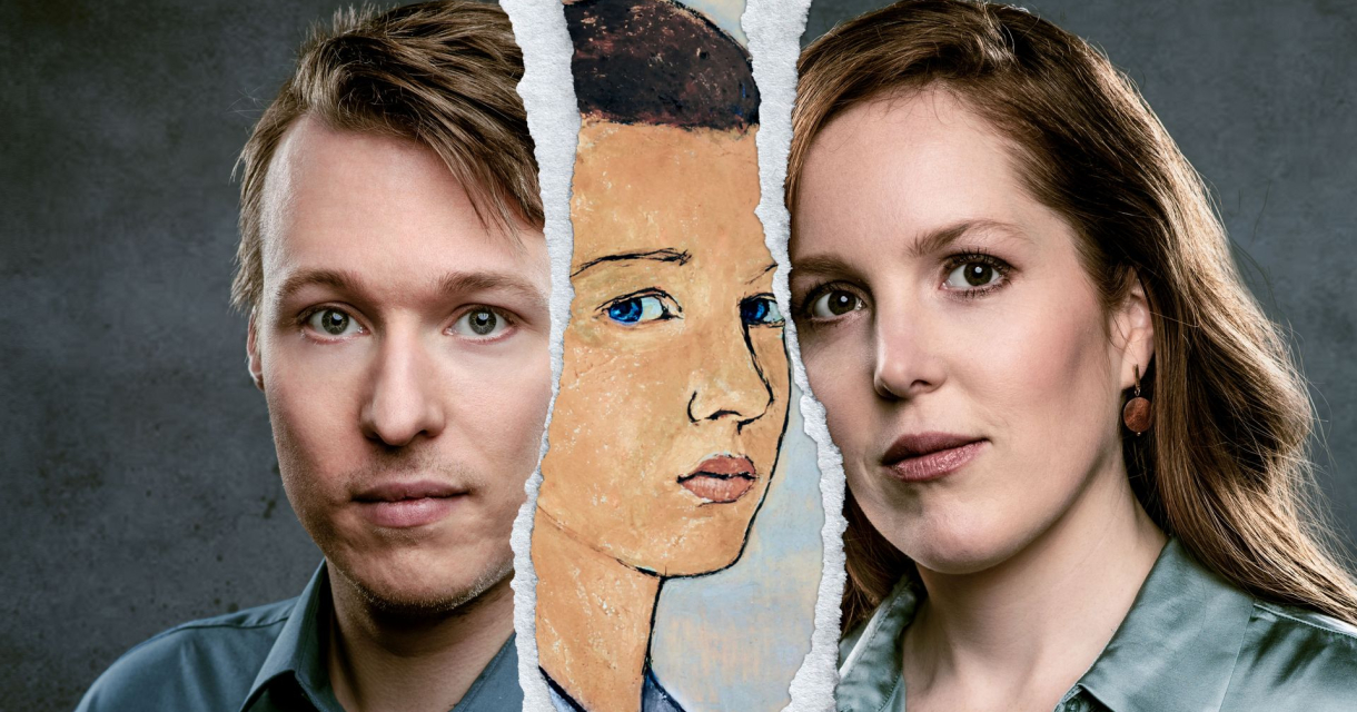 ChatGPT zei: Twee mensen met daartussen een gescheurde illustratie van een gezicht dat hun blikken verbindt