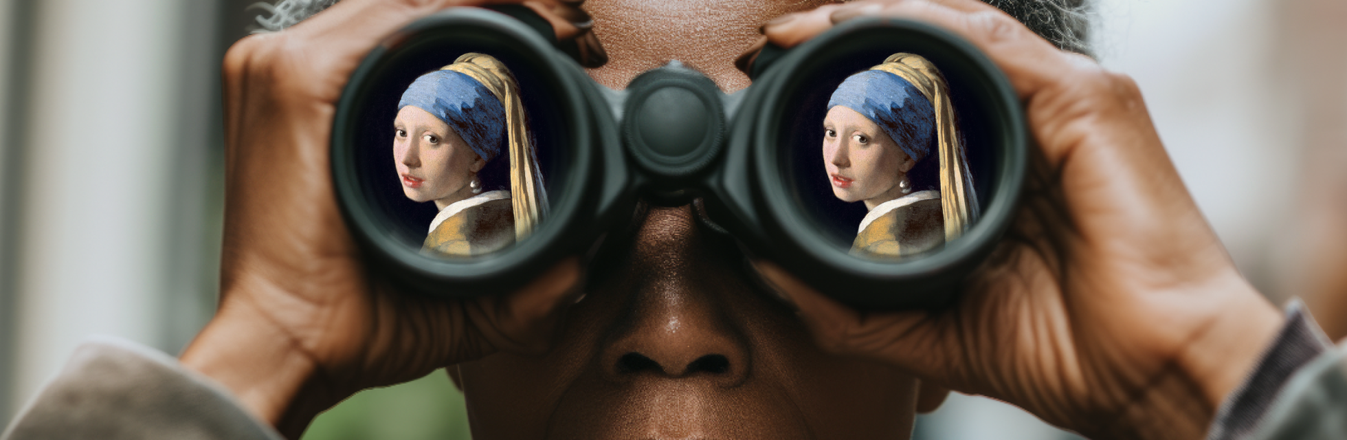Een vrouw met een verrekijker waarin het Meisje met de Parel is te zien