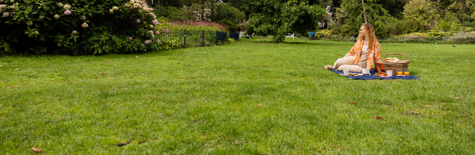 Picknick op grasveld met dekens, kussens en eten in een groen park met hoge bomen en bloeiende struiken