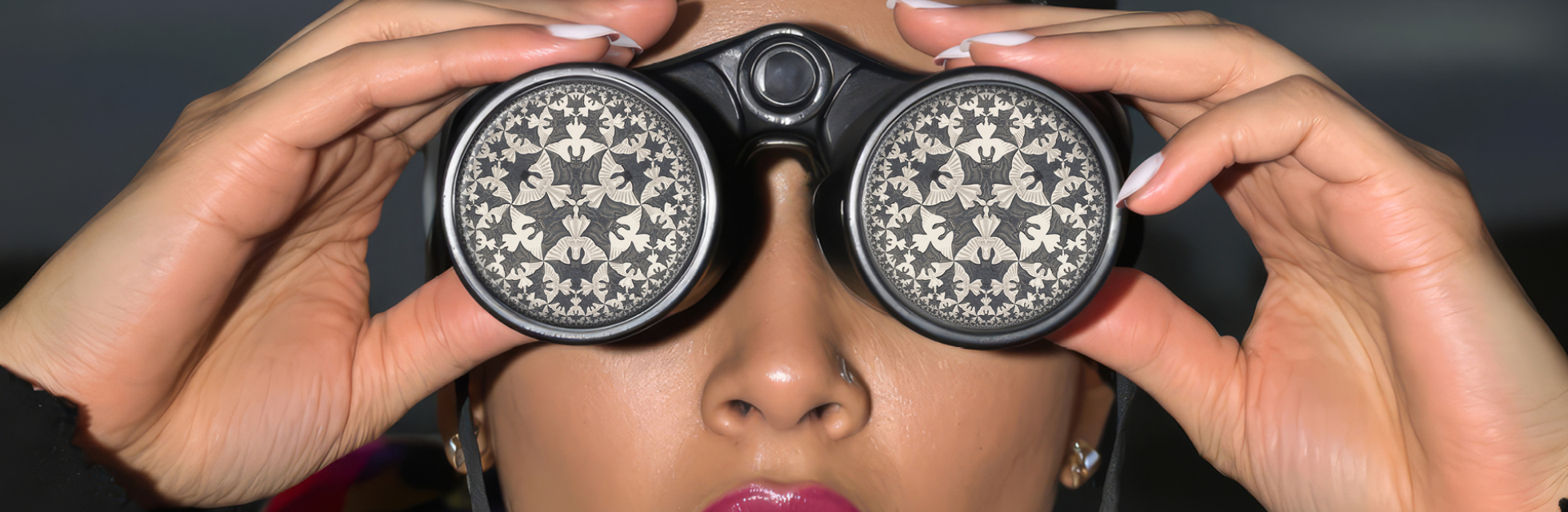 A woman looks surprised while peering through binoculars.