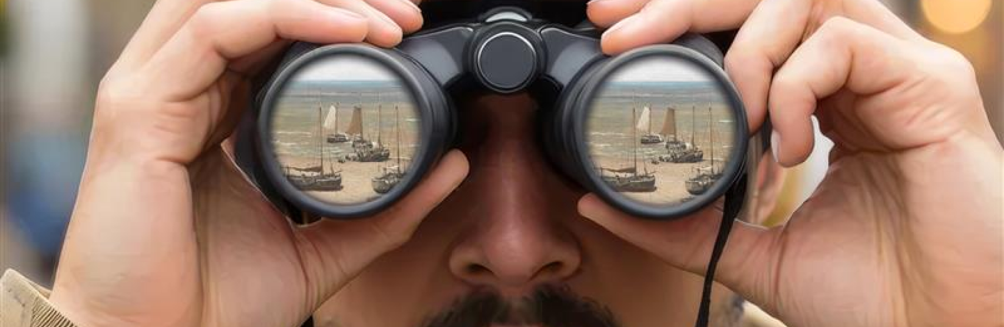 Man kijkt verrast door een verrekijker naar een van afbeelding Panorama Mesdag