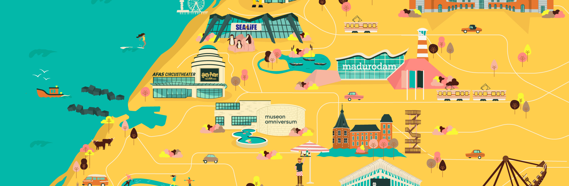 Illustratieve kaart met populaire attracties in Den Haag Illustratieve kaart met populaire attracties in Den Haag