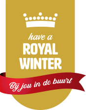 Een gouden banner met de tekst 'have a ROYAL WINTER' en 'Bij jou in de buurt'.