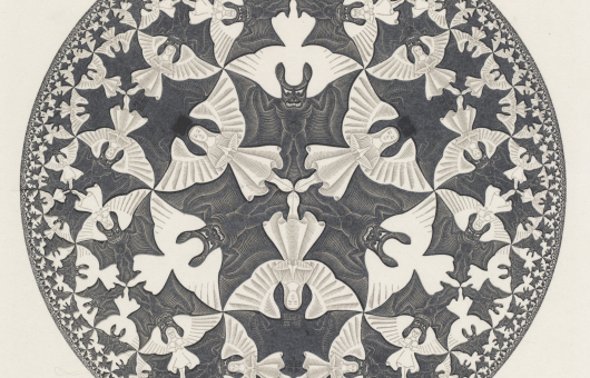 M.C. Escher. Cirkellimiet IV (Hemel en hel), houtsnede in oker en zwart, gedrukt van twee blokken)