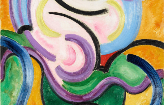 Kleurrijk abstract schilderij met golvende lijnen en organische vormen in blauw, paars, roze, geel en groen. Het werk straalt energie en beweging uit, typisch voor de expressieve stijl van Jacoba van Heemskerck