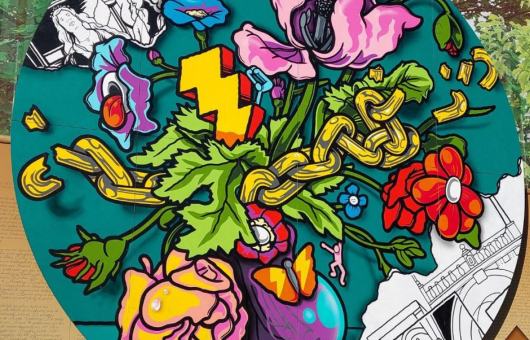 JAWGEM verwerkte drie Bredius-schilderijen in zijn collageachtige kunstwerk, gekenmerkt door licht-donkerspel.