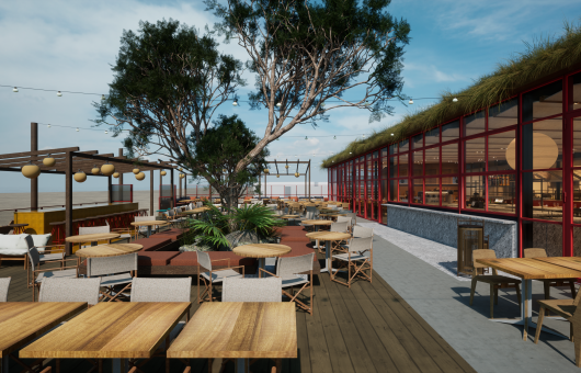 Ruim terras met houten tafels, moderne stoelen en bomen in het midden, naast een glazen paviljoen