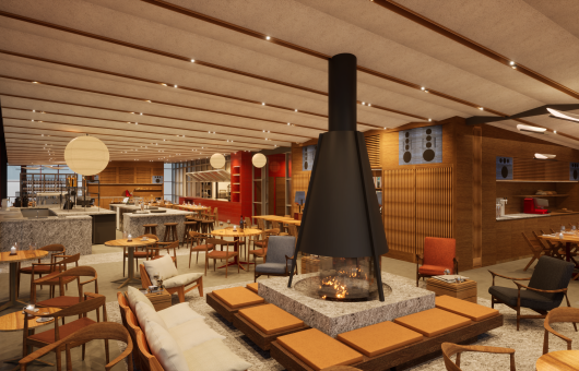 Modern restaurantinterieur met open haard, houten details en zithoeken, computergegenereerde visualisatie