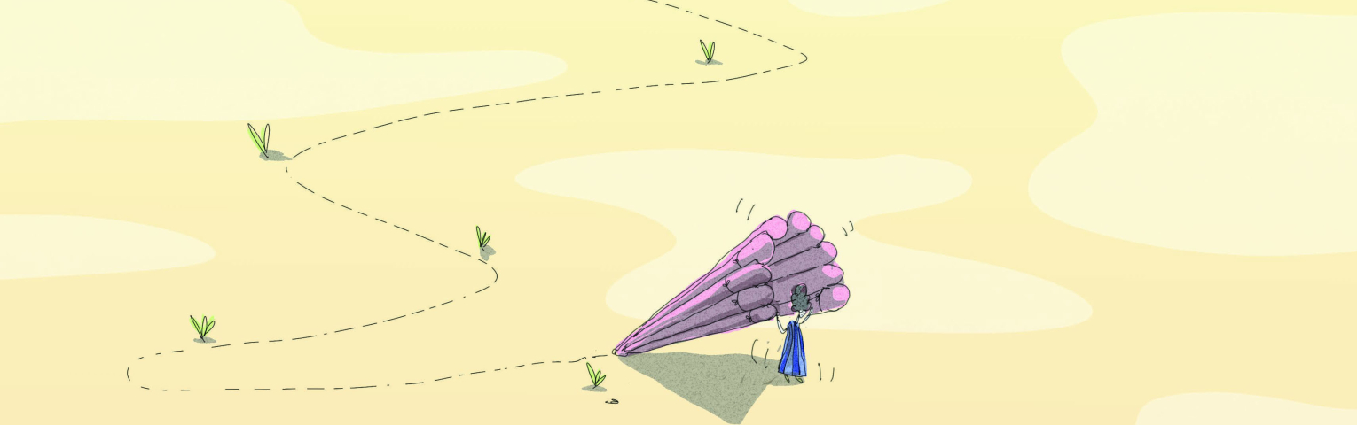 Een cartoon van een zacht opblaasbaar schelpje dat door een woestijnachtig landschap wandelt.
