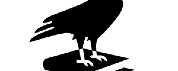 Logo Crossing border bestaande uit een zwarte vogel op een stapel boeken.