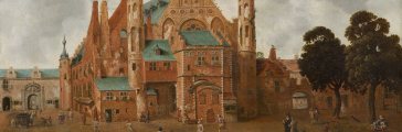 Schilderij van het Binnenhof en Ridderzaal in oude tijden