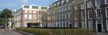 Een straat in Den Haag met gebouwen en bomen.